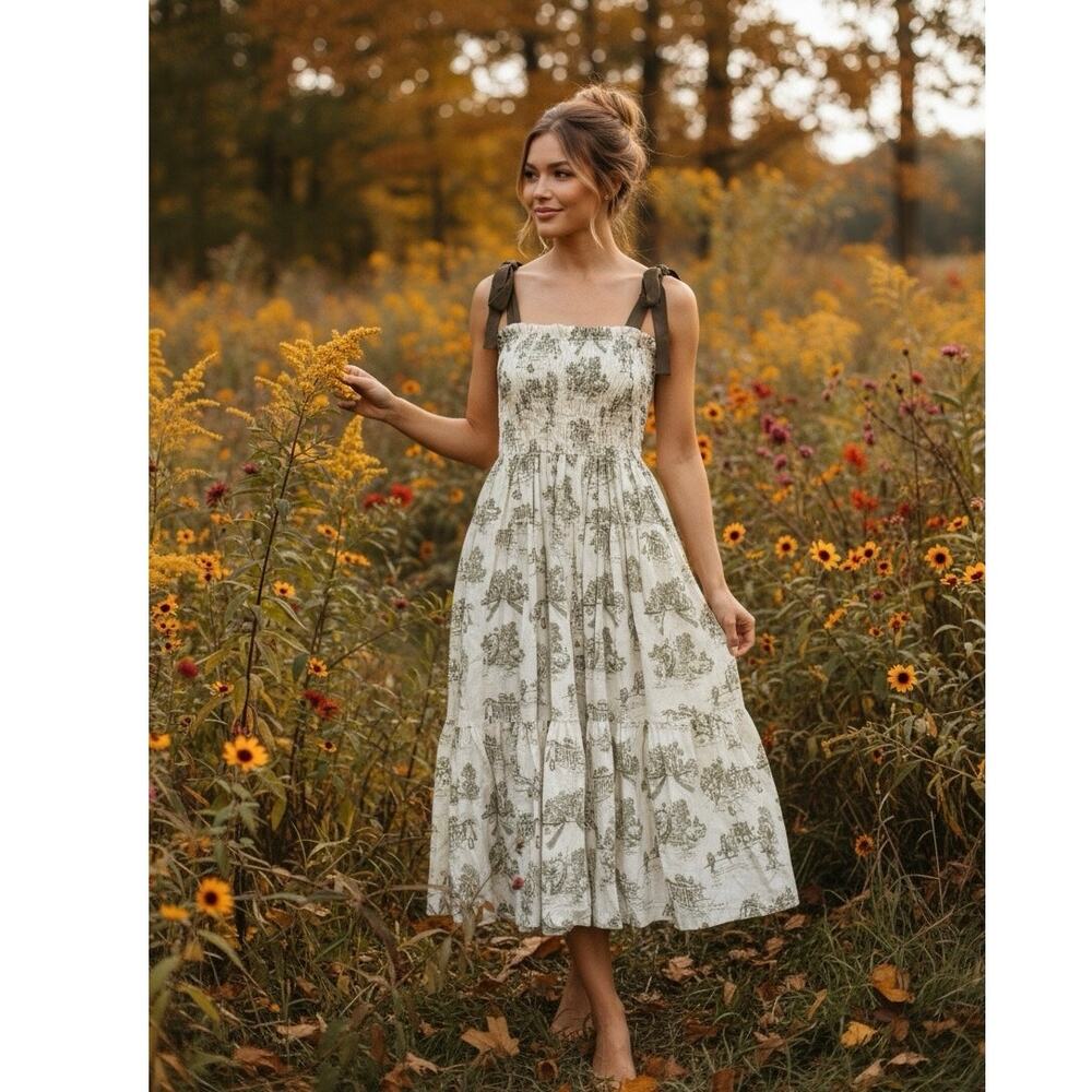 EN SAISON Egret Midi Dress L Olive TieStrap Cottagecore Tiered Fallphotos Prarie